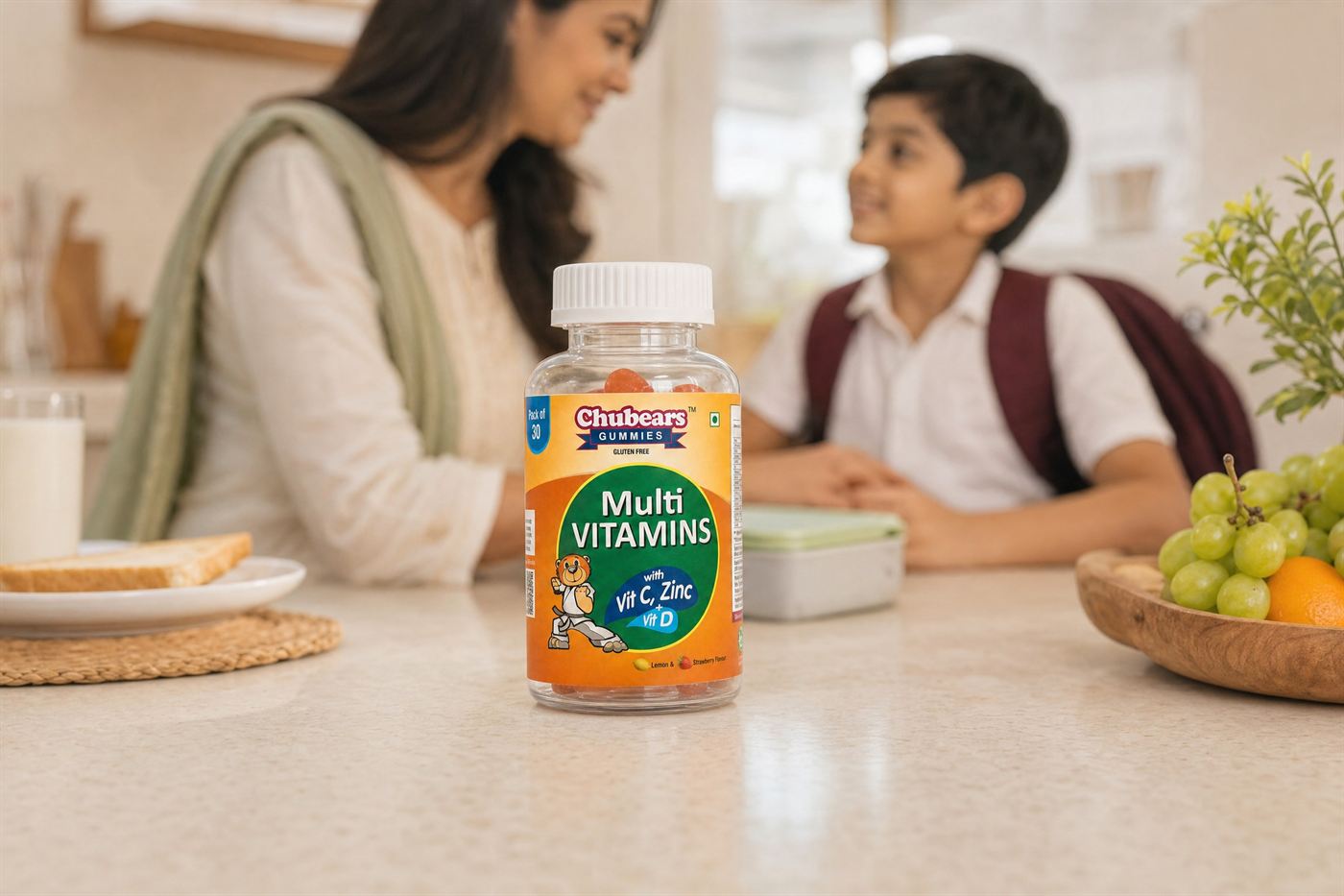 A bottle of Chubears Multivitamin gummies on a breakfast table while a mother and son talk before school