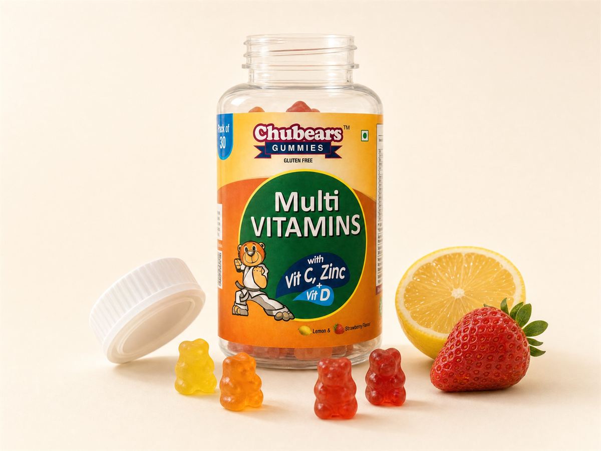 Open bottle of Chubears Multivitamin gummies with bear-shaped gummies, a lemon and a strawberry
